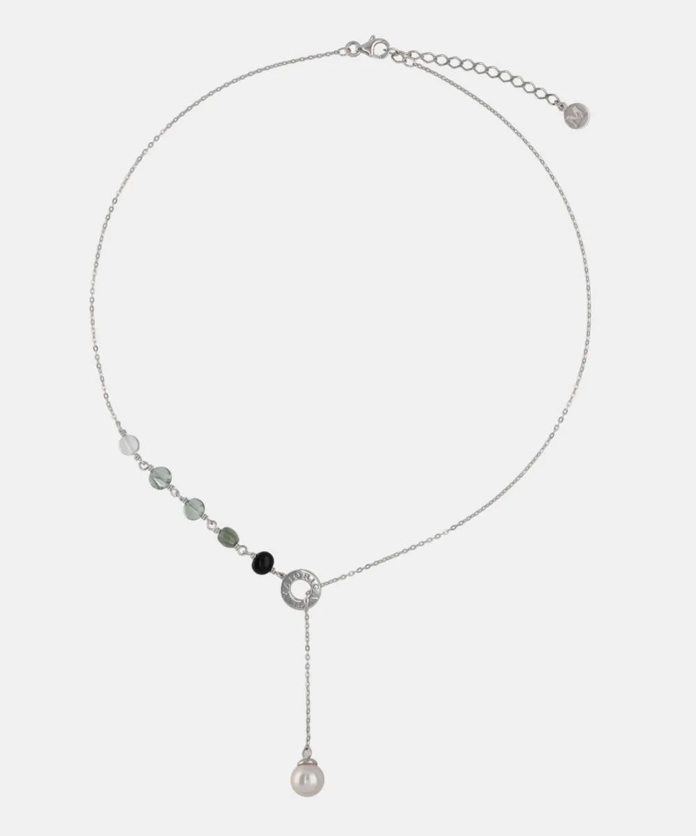 Sterling Silver Rhodium Plated Necklace for Women with 8mm Round White Pearl and Black Murano Crystals, 17/19 Necklace Length, Algaida Collection