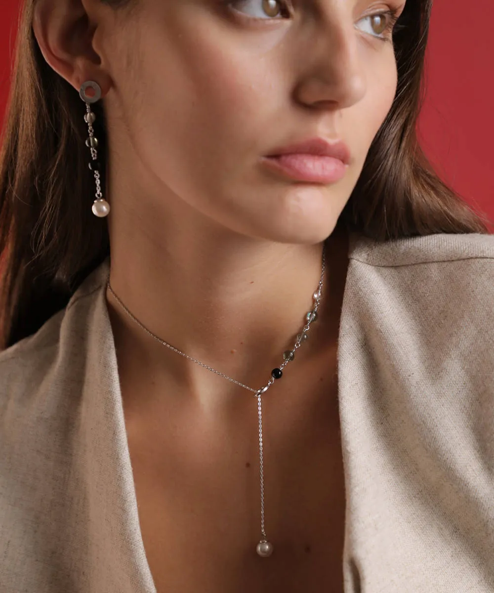 Sterling Silver Rhodium Plated Necklace for Women with 8mm Round White Pearl and Black Murano Crystals, 17/19 Necklace Length, Algaida Collection