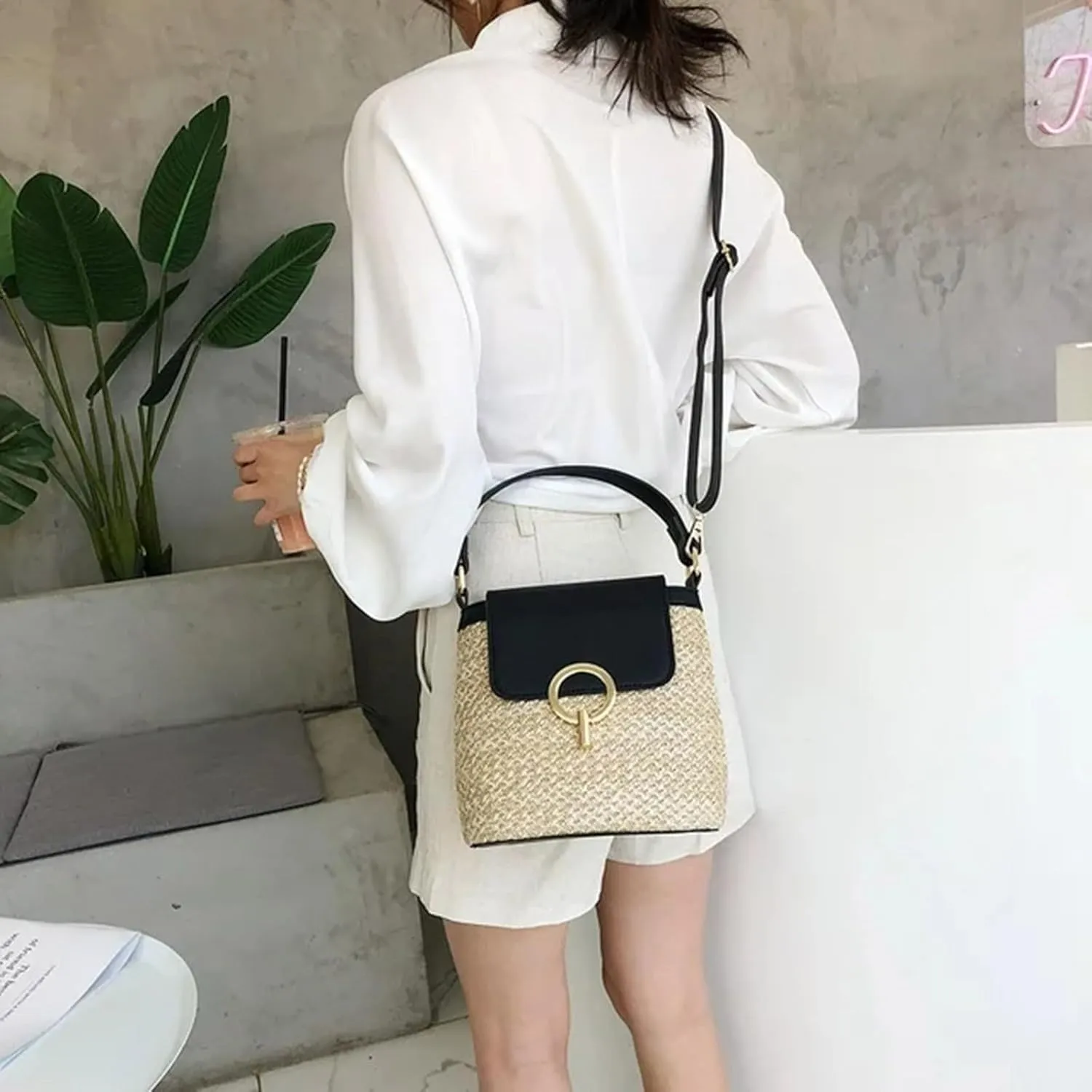 Straw Weave Women Ladies Bucket Handbags Summer Beach Shoulder Bags Messenger Bag Backpack Leather (A, One Size)