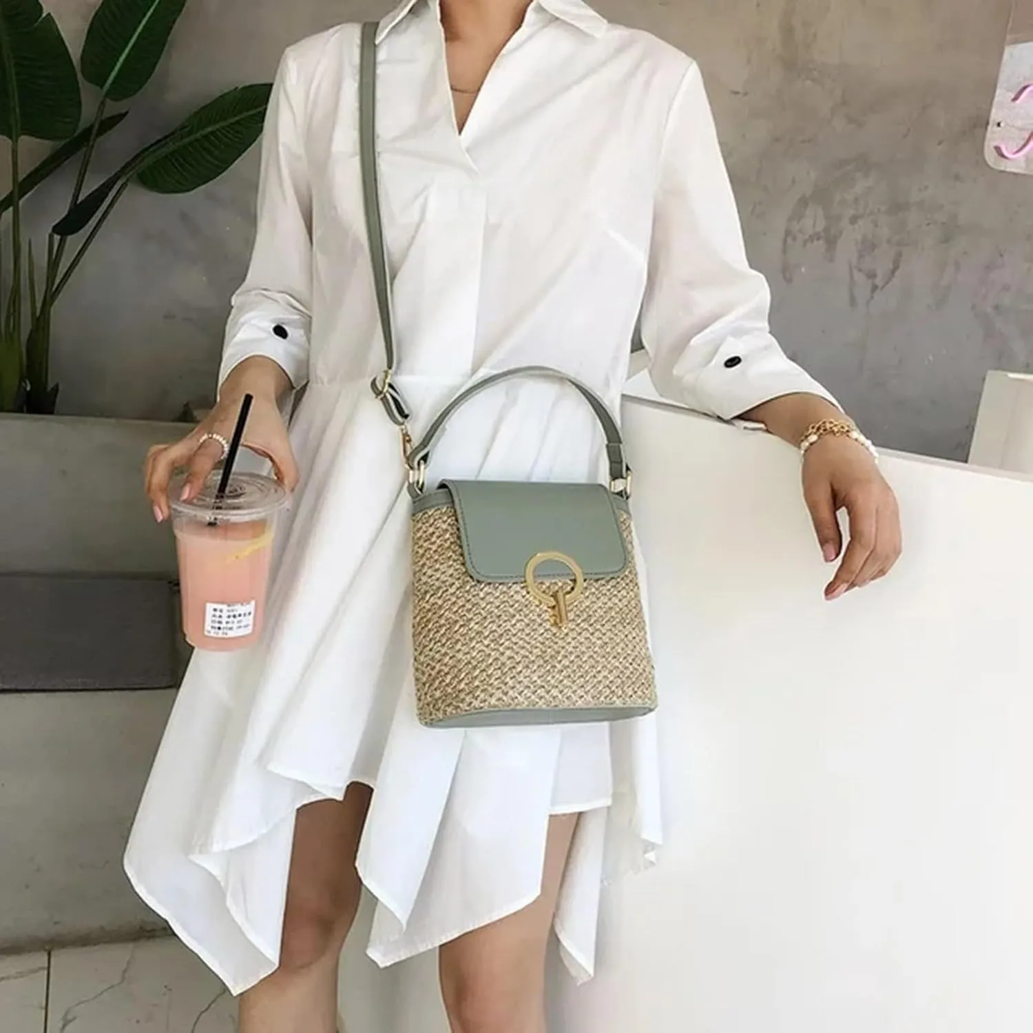 Straw Weave Women Ladies Bucket Handbags Summer Beach Shoulder Bags Messenger Bag Backpack Leather (C, One Size)