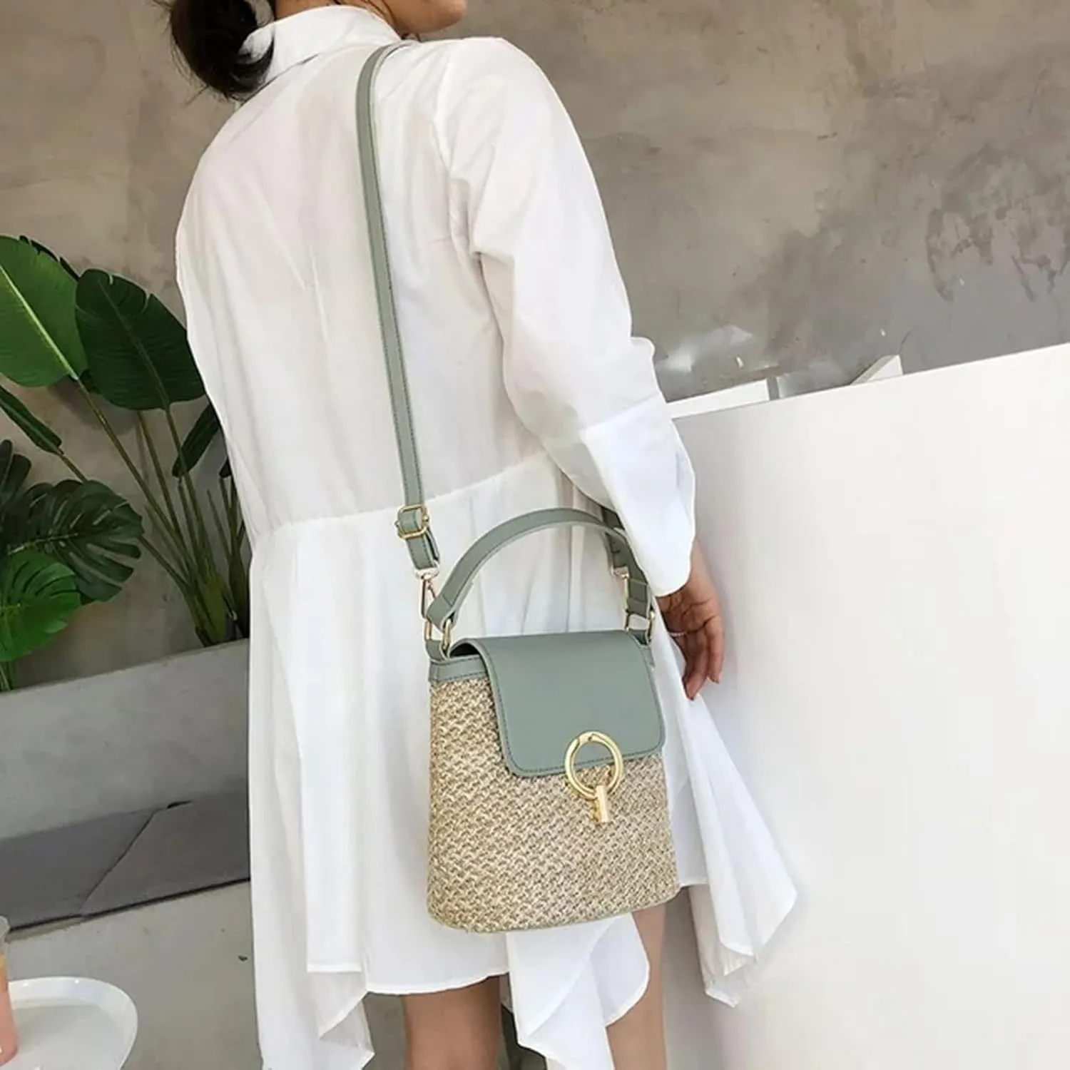 Straw Weave Women Ladies Bucket Handbags Summer Beach Shoulder Bags Messenger Bag Backpack Leather (C, One Size)