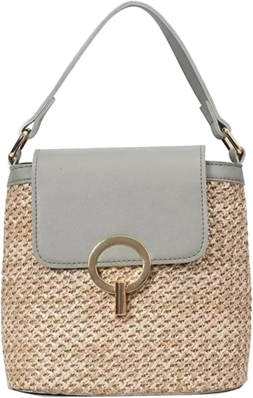 Straw Weave Women Ladies Bucket Handbags Summer Beach Shoulder Bags Messenger Bag Backpack Leather (C, One Size)