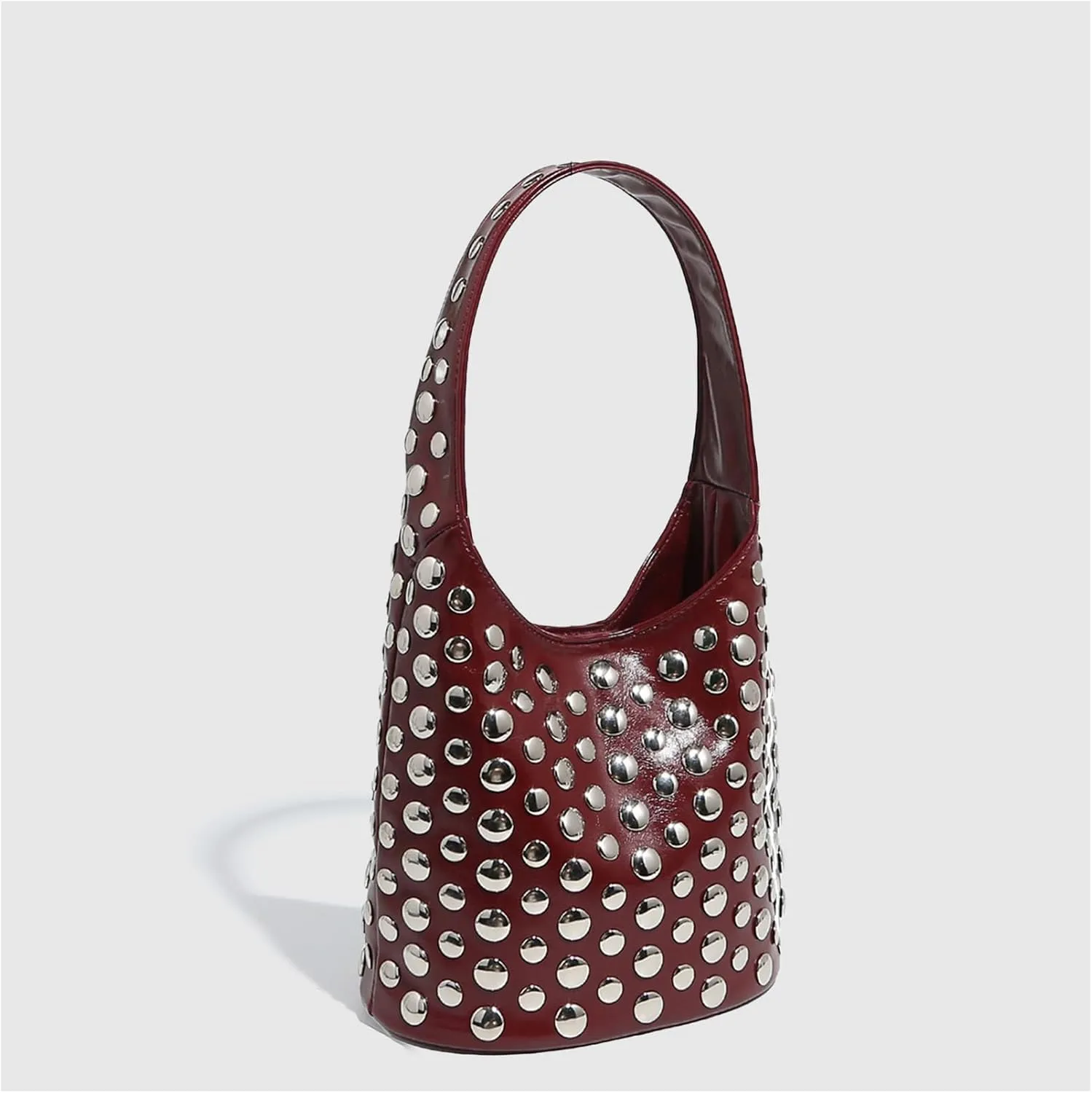 Studded Leather Bucket Bag, Hobo Shoulder Handbag with Silver Rivets, Black and Burgundy