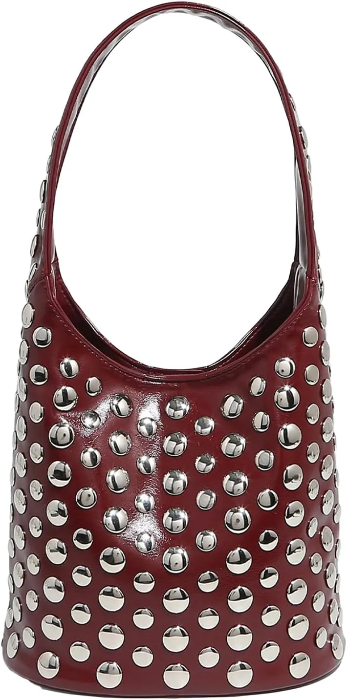 Studded Leather Bucket Bag, Hobo Shoulder Handbag with Silver Rivets, Black and Burgundy