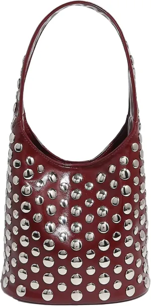 Studded Leather Bucket Bag, Hobo Shoulder Handbag with Silver Rivets, Black and Burgundy