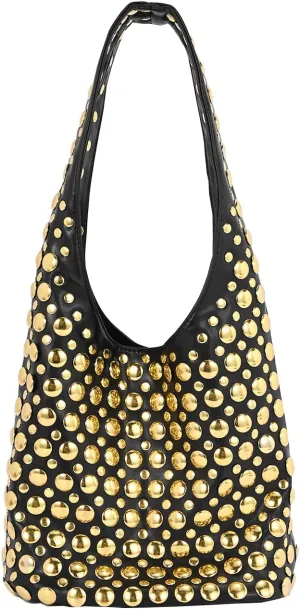 Stylish Studded Hobo Bag Y2K Rivets Bucket Purse for Women Trendy Small Shoulder Tote Handbag