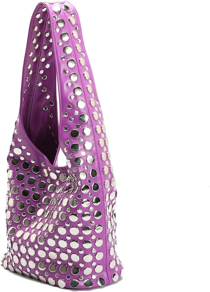 Stylish Studded Hobo Bag Y2K Rivets Bucket Purse for Women Trendy Small Shoulder Tote Handbag