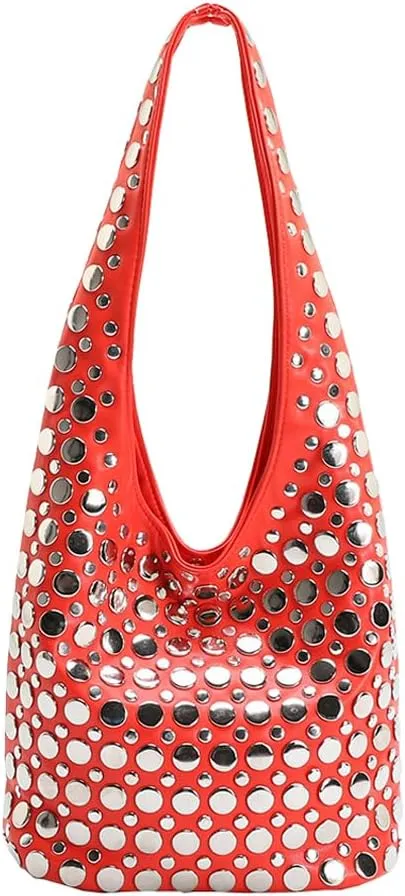 Stylish Studded Hobo Bag Y2K Rivets Bucket Purse for Women Trendy Small Shoulder Tote Handbag