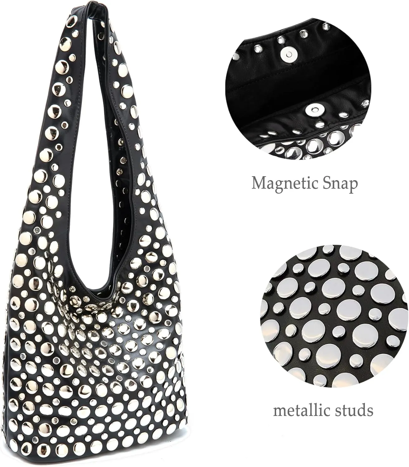 Stylish Studded Hobo Bag Y2K Rivets Bucket Purse for Women Trendy Small Shoulder Tote Handbag