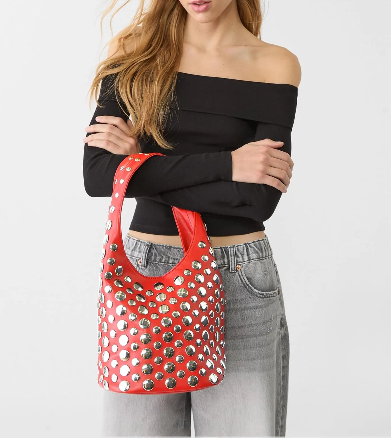 Stylish Studded Hobo Bag Y2K Rivets Bucket Purse for Women Trendy Small Shoulder Tote Handbag