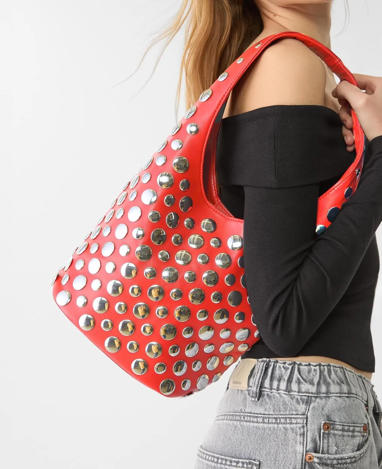 Stylish Studded Hobo Bag Y2K Rivets Bucket Purse for Women Trendy Small Shoulder Tote Handbag