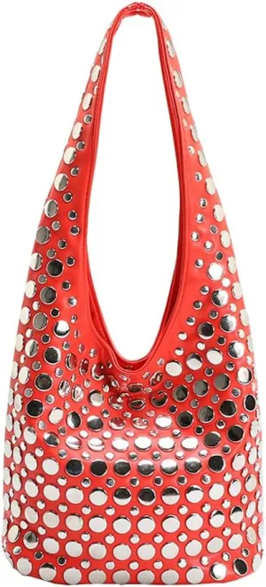 Stylish Studded Hobo Bag Y2K Rivets Bucket Purse for Women Trendy Small Shoulder Tote Handbag