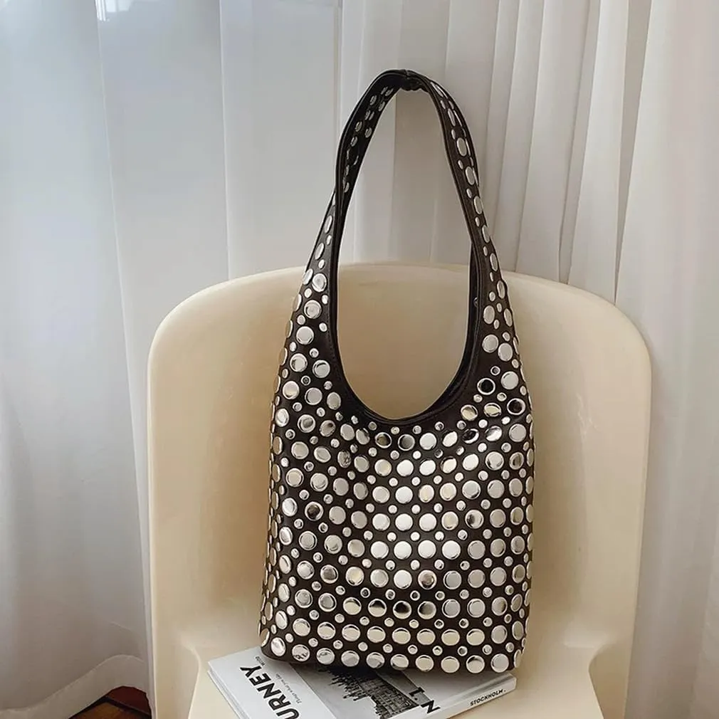 Stylish Studded Hobo Bag Y2K Rivets Bucket Purse for Women Trendy Small Shoulder Tote Handbag
