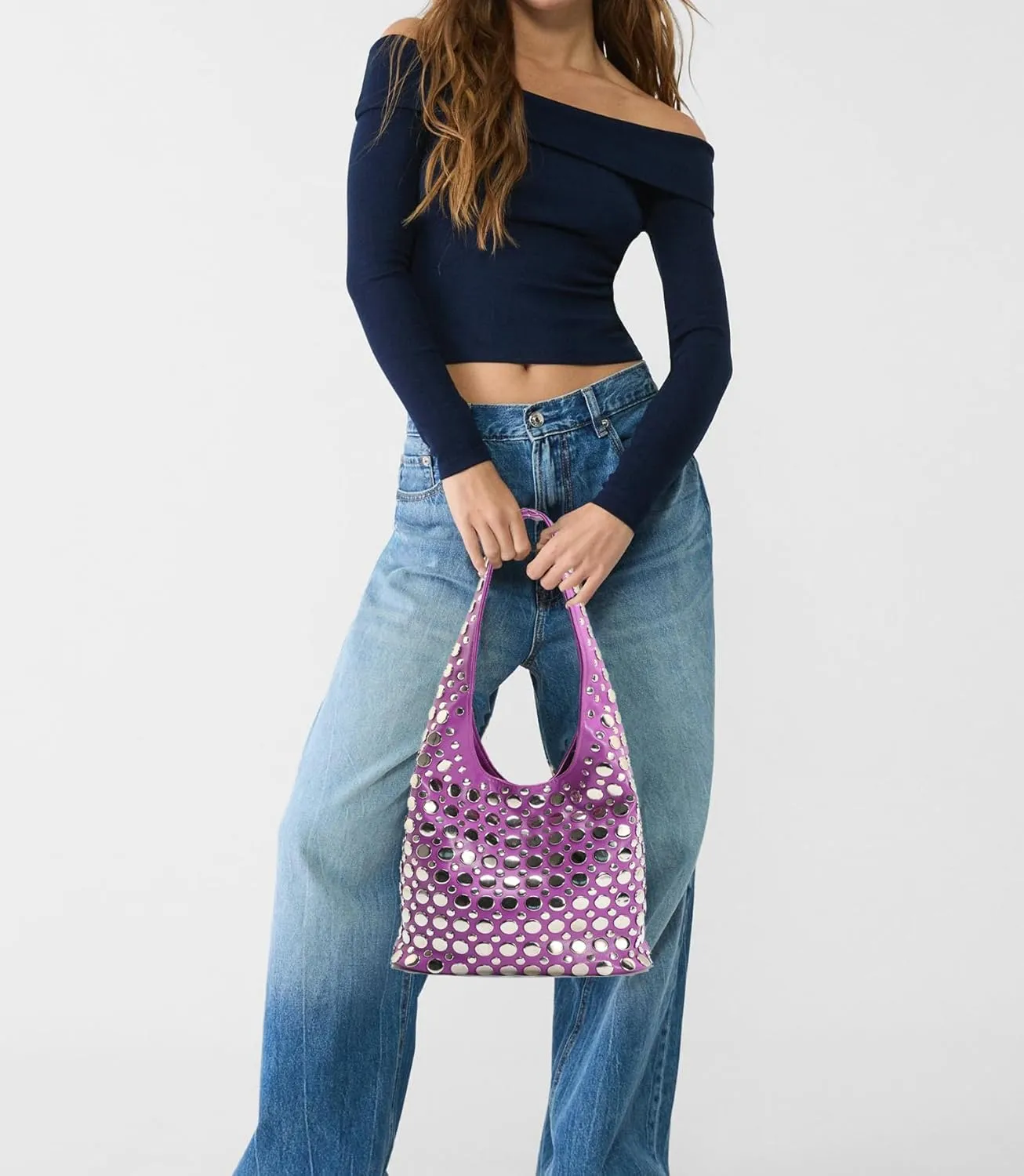 Stylish Studded Hobo Bag Y2K Rivets Bucket Purse for Women Trendy Small Shoulder Tote Handbag