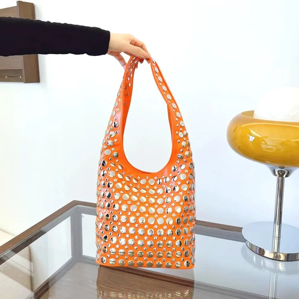 Stylish Studded Hobo Bag Y2K Rivets Bucket Purse for Women Trendy Small Shoulder Tote Handbag