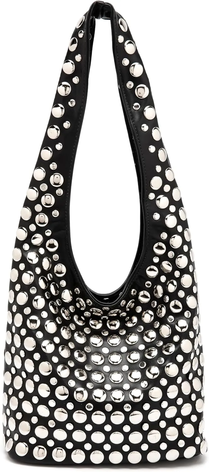 Stylish Studded Hobo Bag Y2K Rivets Bucket Purse for Women Trendy Small Shoulder Tote Handbag