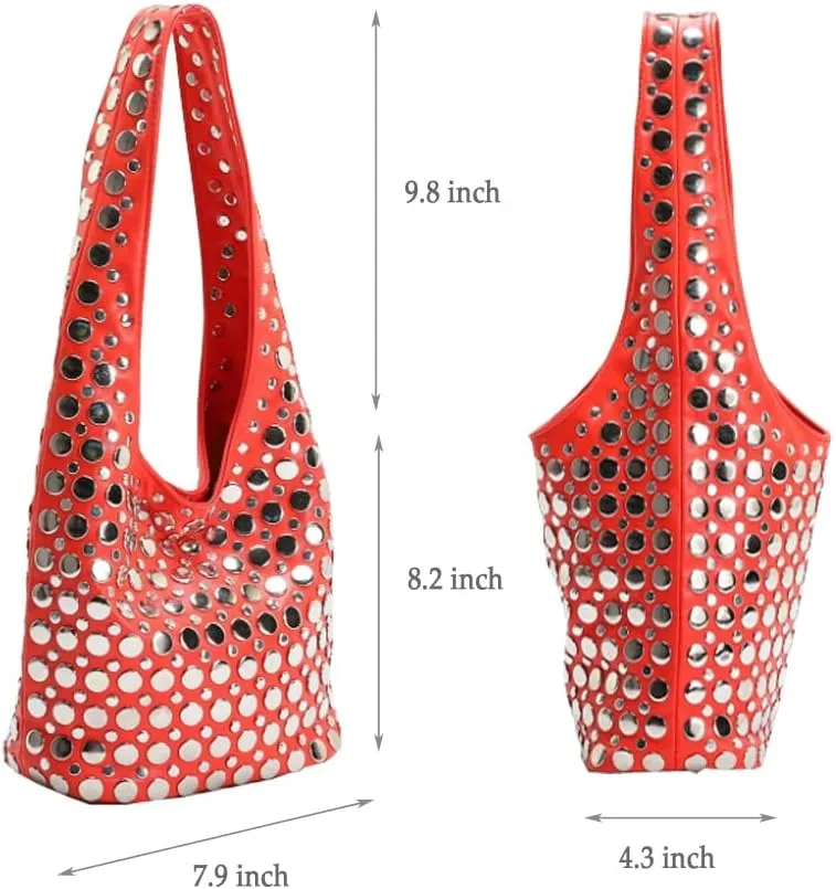 Stylish Studded Hobo Bag Y2K Rivets Bucket Purse for Women Trendy Small Shoulder Tote Handbag