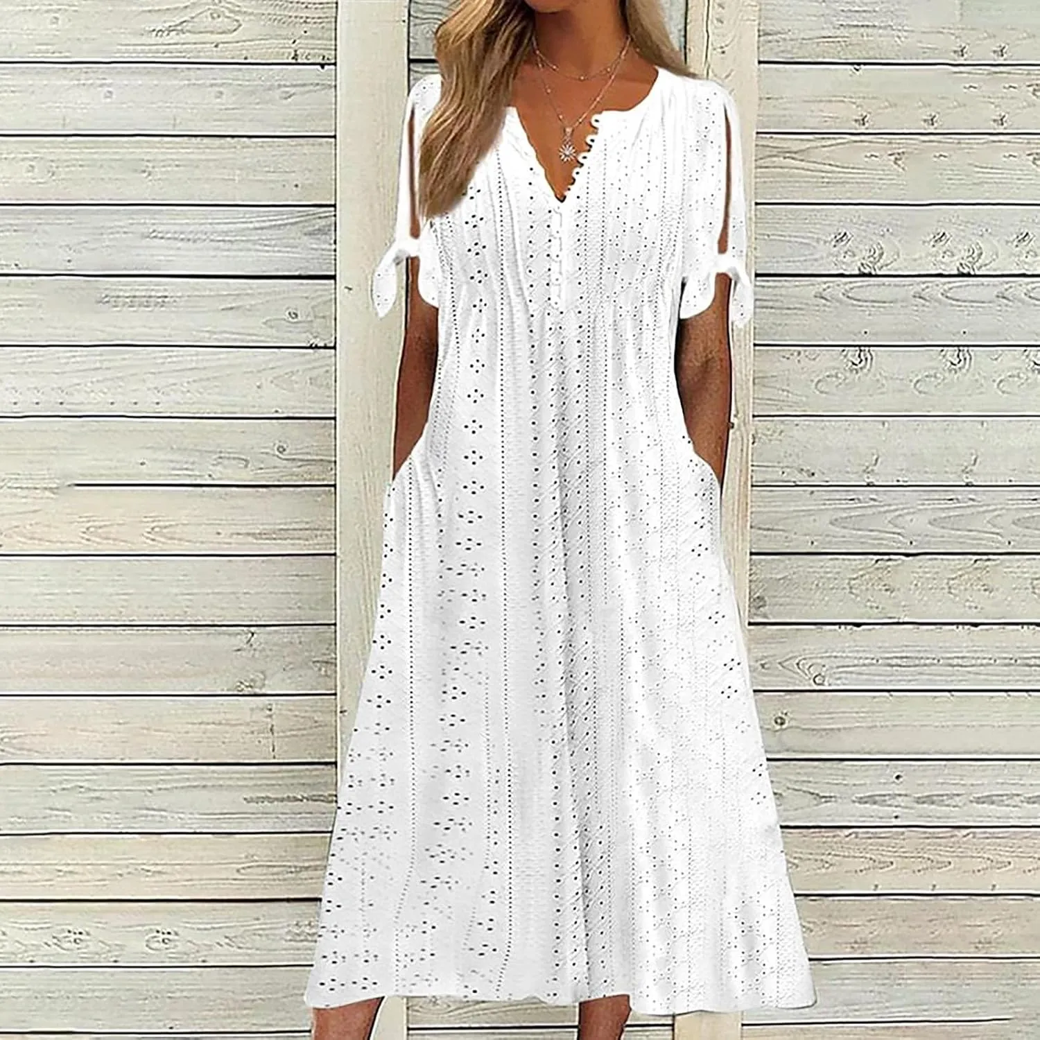 Summer Eyelet Dresses for Women Boho 2025 Trendy V Neck Short Sleeve Maxi Dress Casual Spring Beach Vacation Outfits
