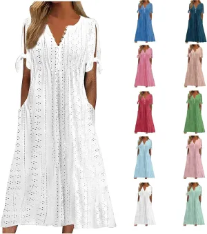 Summer Eyelet Dresses for Women Boho 2025 Trendy V Neck Short Sleeve Maxi Dress Casual Spring Beach Vacation Outfits