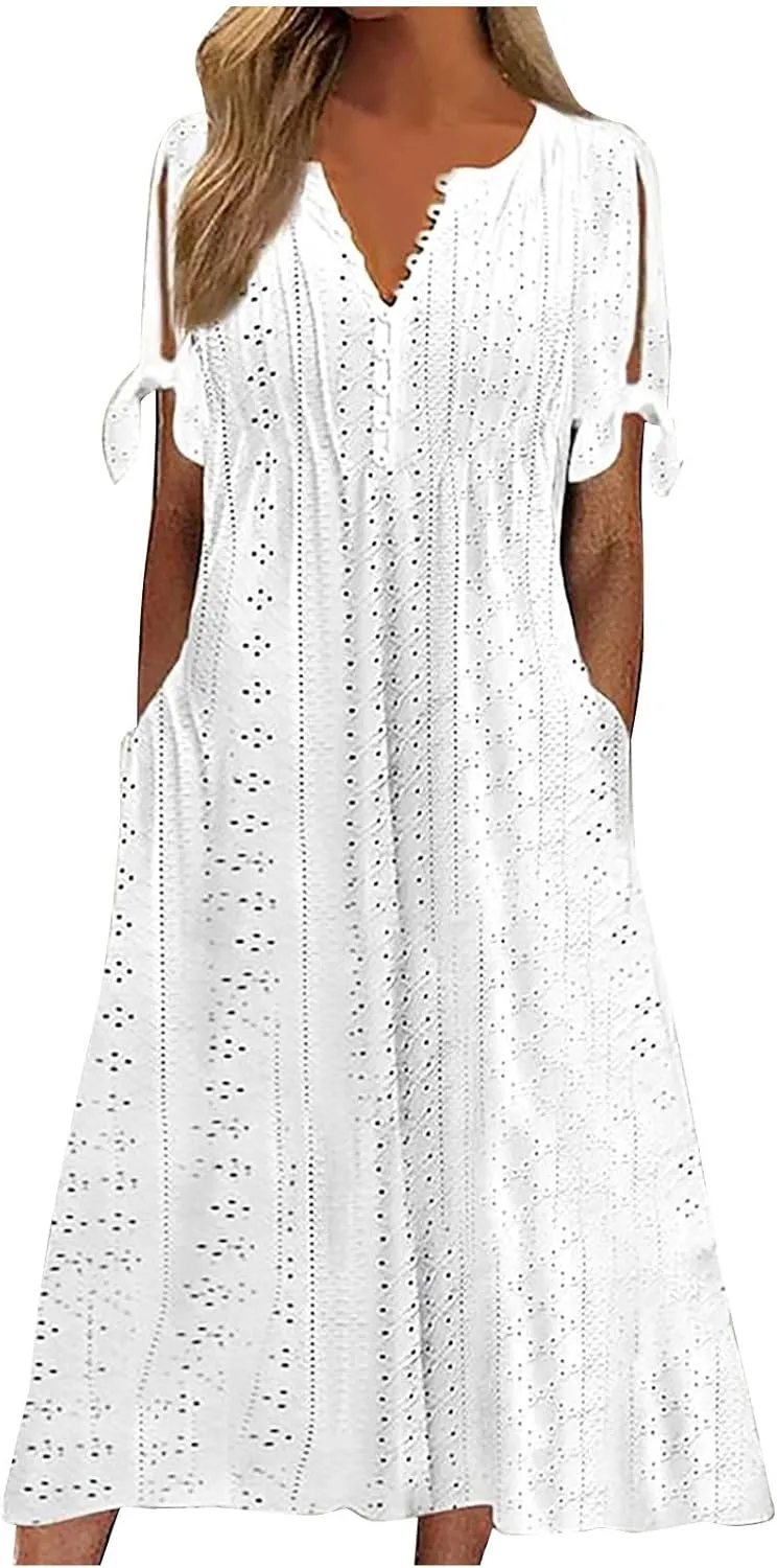 Summer Eyelet Dresses for Women Boho 2025 Trendy V Neck Short Sleeve Maxi Dress Casual Spring Beach Vacation Outfits