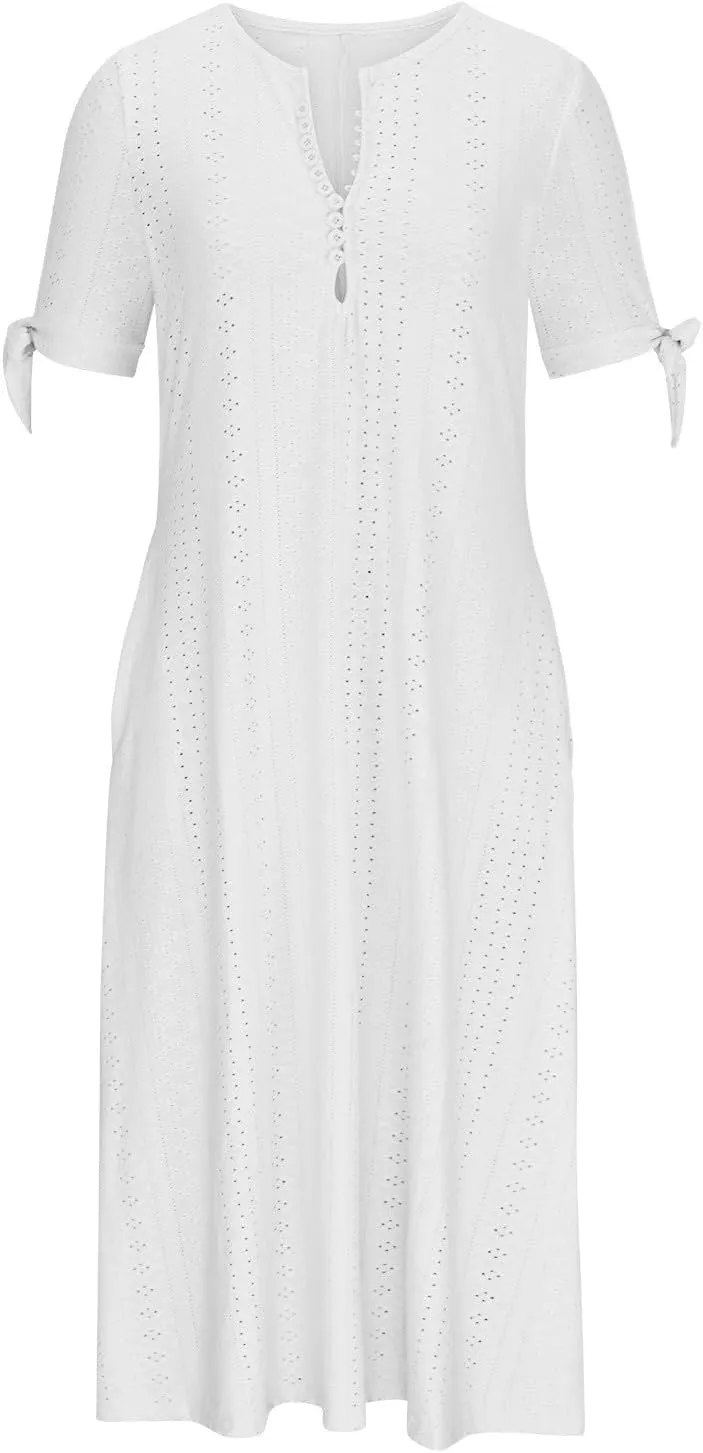 Summer Eyelet Dresses for Women Boho 2025 Trendy V Neck Short Sleeve Maxi Dress Casual Spring Beach Vacation Outfits