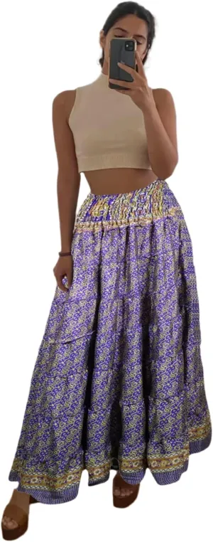 Summer Purple Floral Beach Maxi Skirt Patchwork Boho Skirt Dress S/M