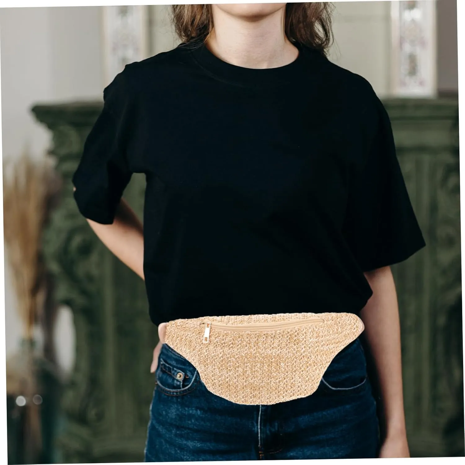 Summer Straw Bag Straw Summer Crossbody Bag Waist Pack Compact Chest Pouch for Travel School Shopping Key Ring
