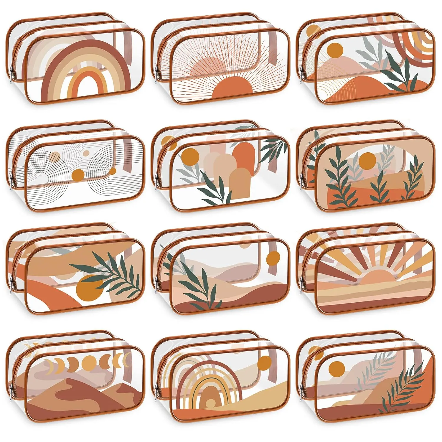 Sweetude 12 Pcs Boho Clear Makeup Bags Rainbow Sunshine PVC Makeup Bags Brown Plastic Cosmetic Bags Waterproof Zipper Travel Toiletry Pouch Purses for Women Valentines Day Gifts