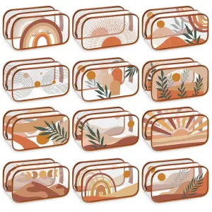 Sweetude 12 Pcs Boho Clear Makeup Bags Rainbow Sunshine PVC Makeup Bags Brown Plastic Cosmetic Bags Waterproof Zipper Travel Toiletry Pouch Purses for Women Valentines Day Gifts