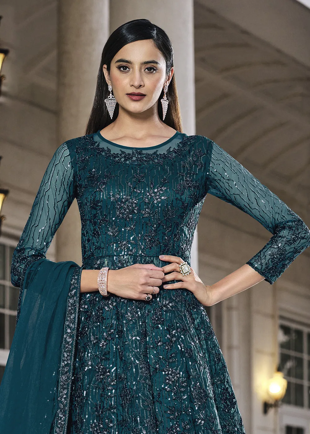Teal Lehenga/Pant Style Embroidered Designer Anarkali Suit