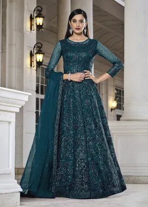 Teal Lehenga/Pant Style Embroidered Designer Anarkali Suit