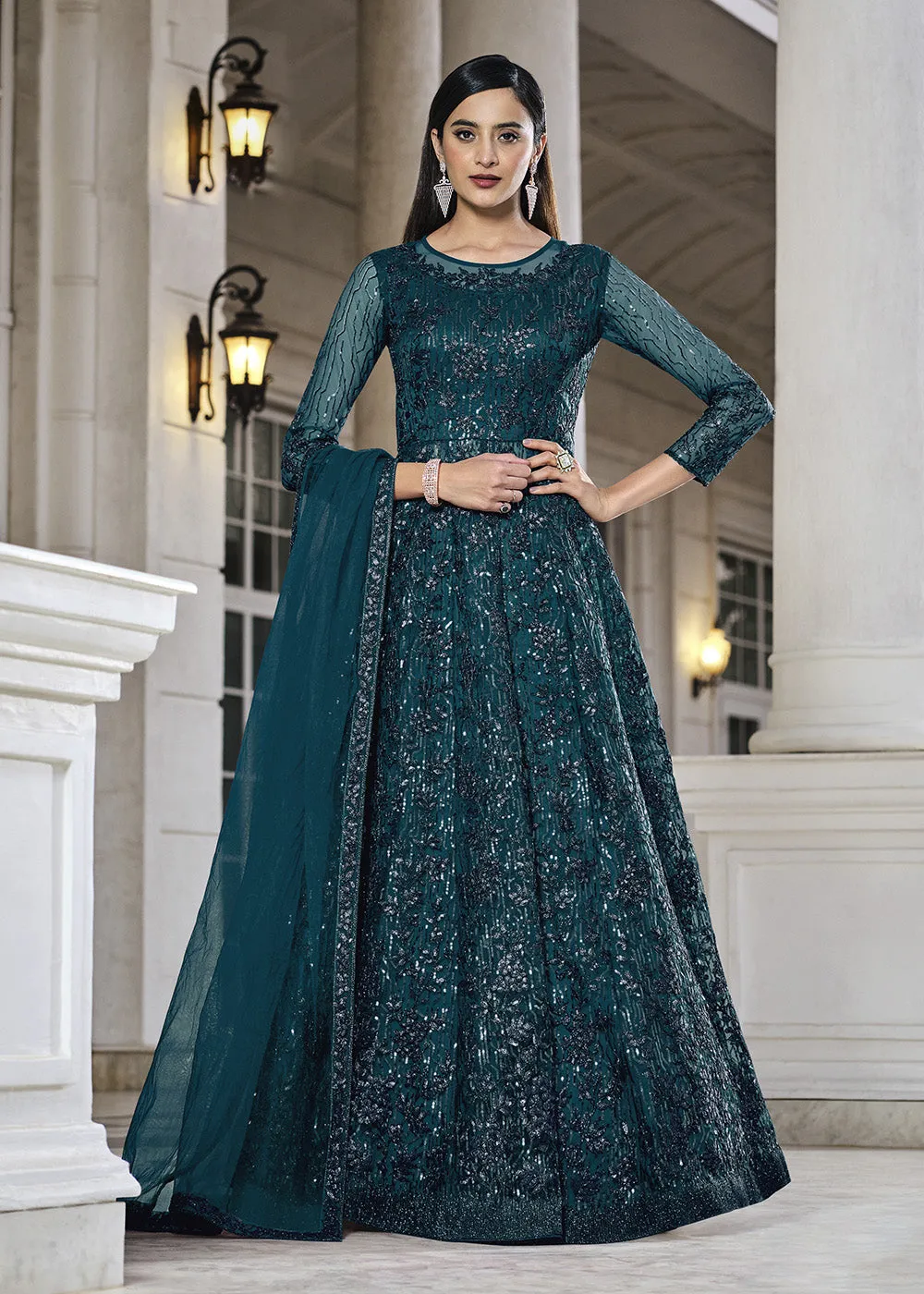 Teal Lehenga/Pant Style Embroidered Designer Anarkali Suit