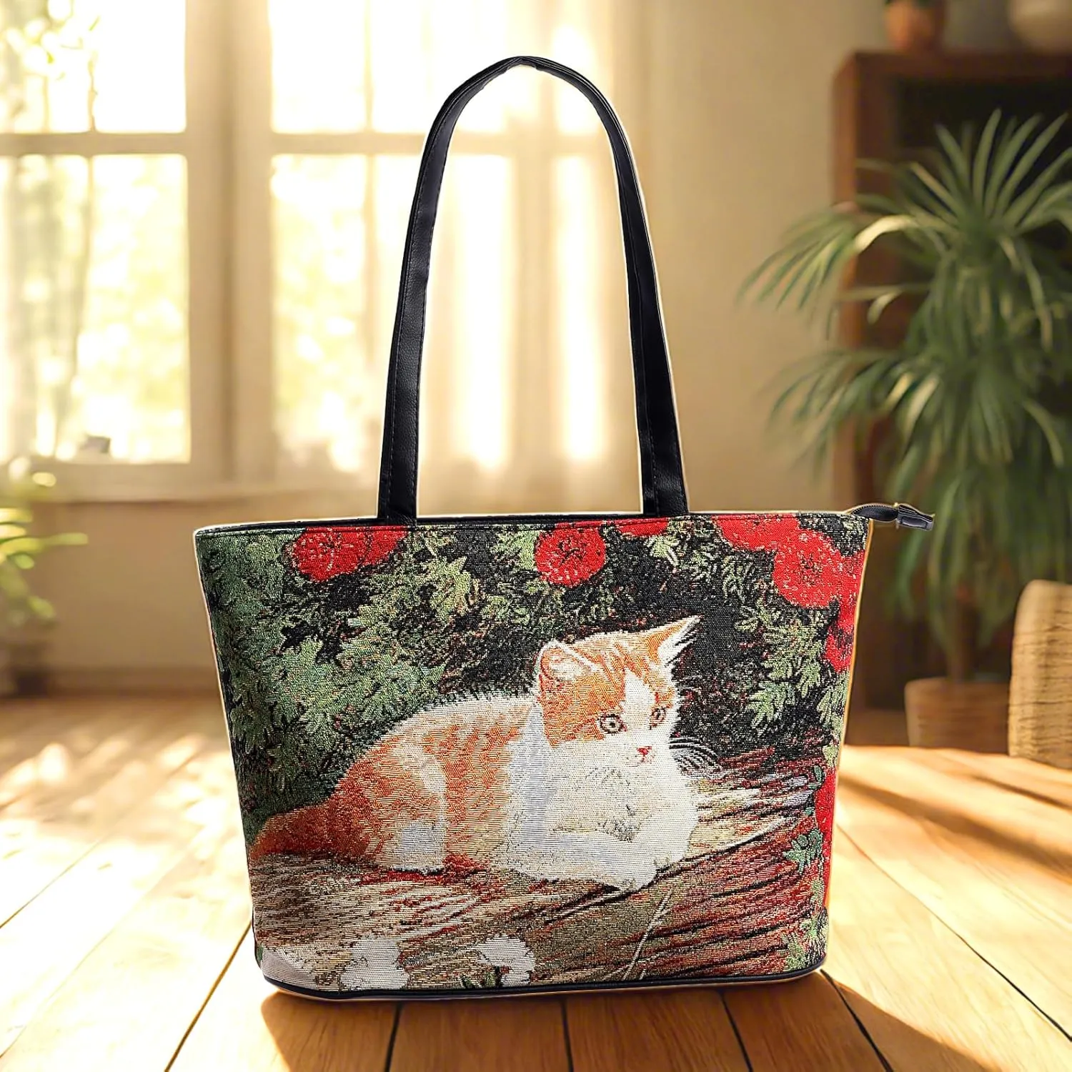 tote Bag for Women with Zipper and Pockets,Polyester Tote Bag Pattern Tote Purse Women Handbag Floral Tote Bag