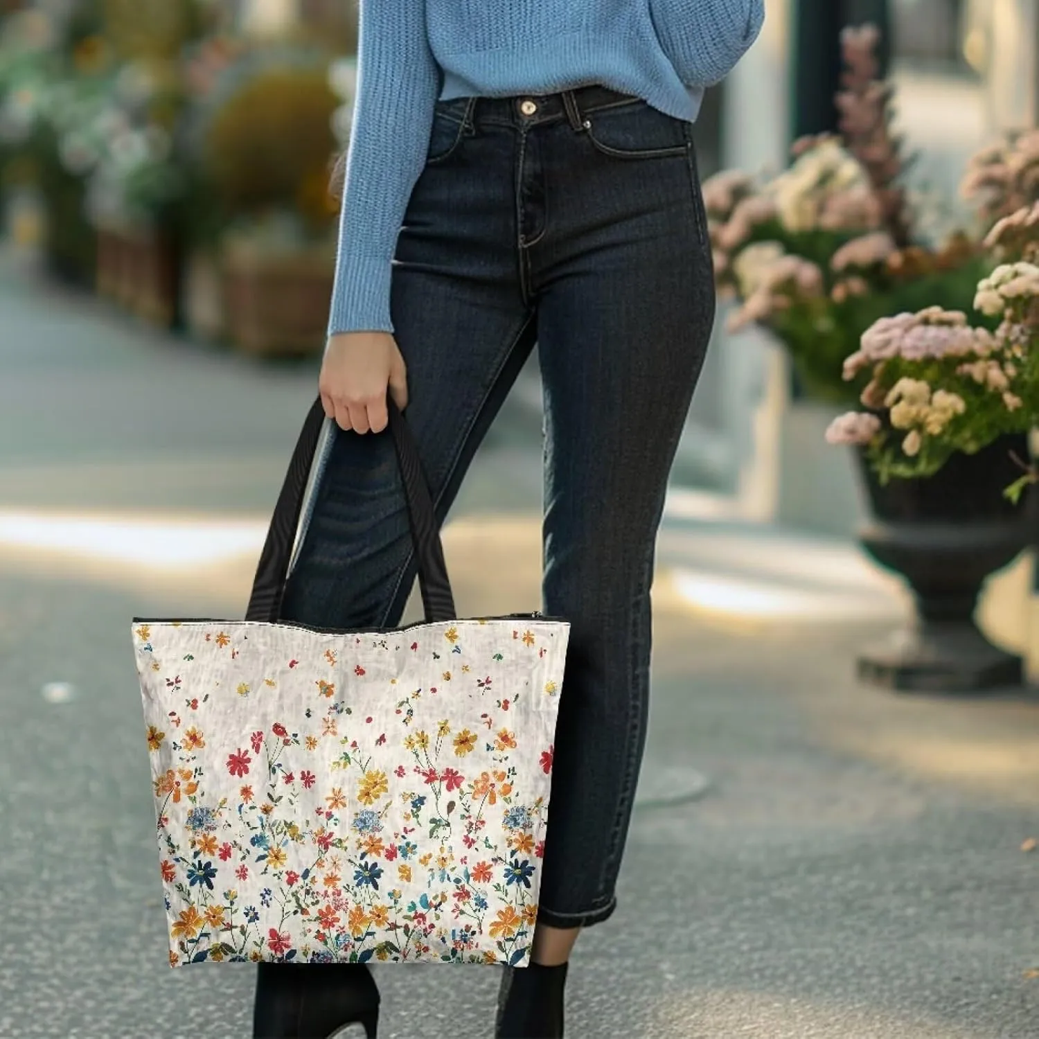 Tropical Flower 14 Inches Tote Paper Bag for Women, Boho Cat Shoulder Tote Bag Vivid Bird Commute Bag Paper Bags