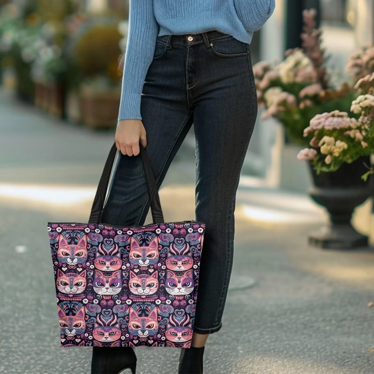 Tropical Flower 14 Inches Tote Paper Bag for Women, Boho Cat Shoulder Tote Bag Vivid Bird Commute Bag Paper Bags