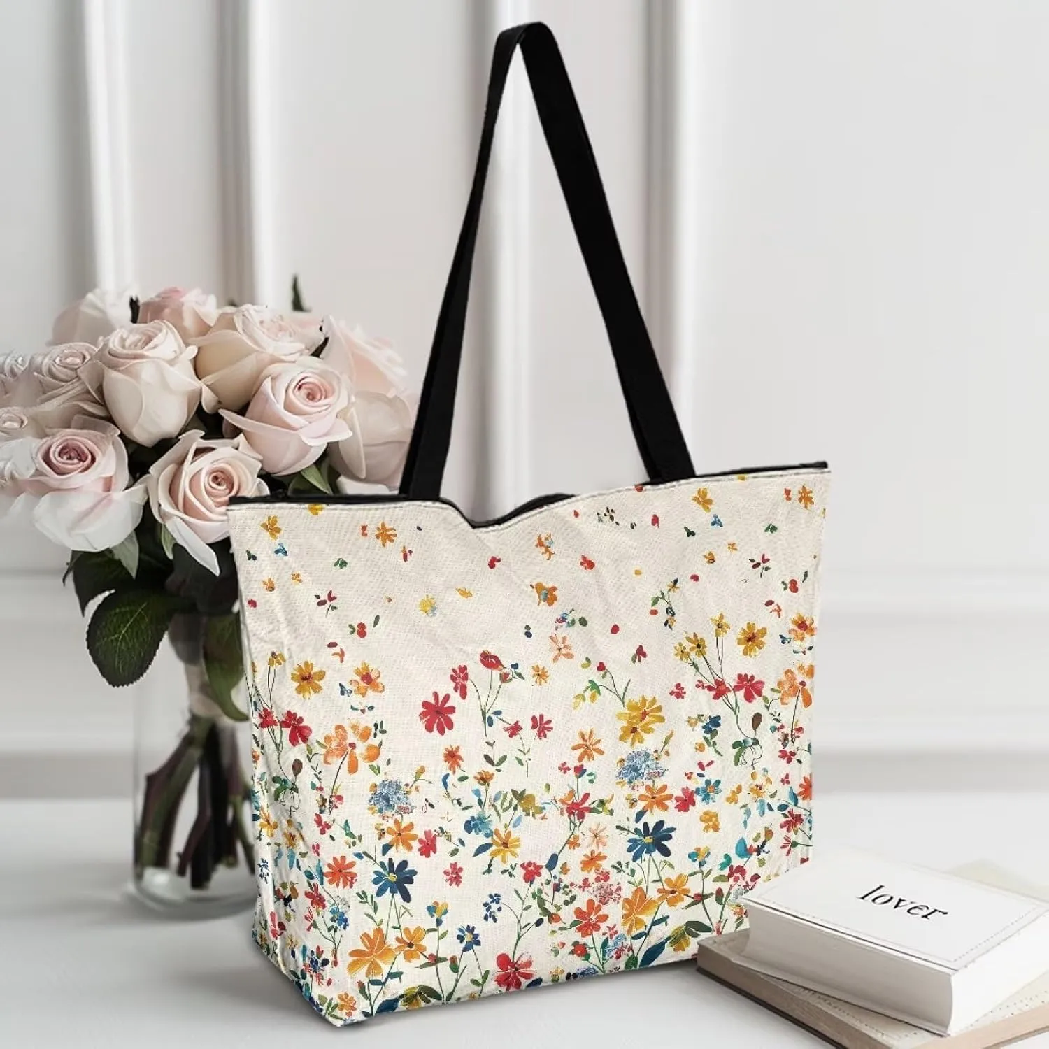 Tropical Flower 14 Inches Tote Paper Bag for Women, Boho Cat Shoulder Tote Bag Vivid Bird Commute Bag Paper Bags