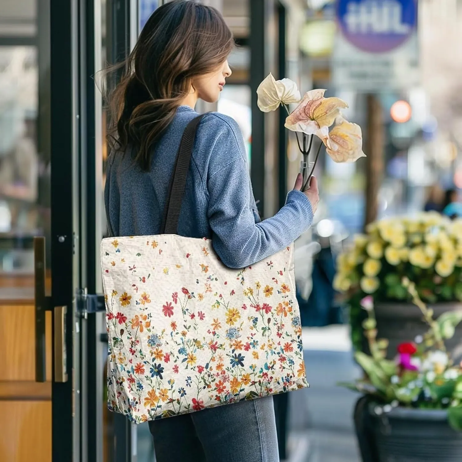 Tropical Flower 14 Inches Tote Paper Bag for Women, Boho Cat Shoulder Tote Bag Vivid Bird Commute Bag Paper Bags
