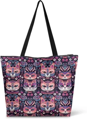 Tropical Flower 14 Inches Tote Paper Bag for Women, Boho Cat Shoulder Tote Bag Vivid Bird Commute Bag Paper Bags
