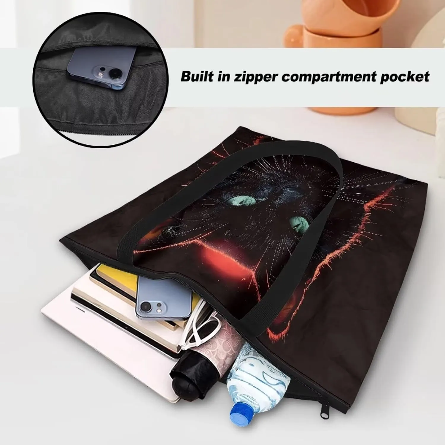 Tropical Flower 14 Inches Tote Paper Bag for Women, Boho Cat Shoulder Tote Bag Vivid Bird Commute Bag Paper Bags