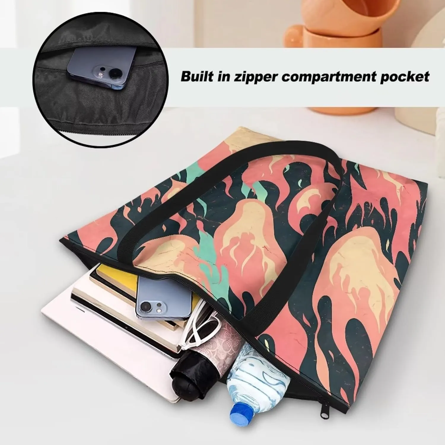 Tropical Flower 14 Inches Tote Paper Bag for Women, Boho Cat Shoulder Tote Bag Vivid Bird Commute Bag Paper Bags