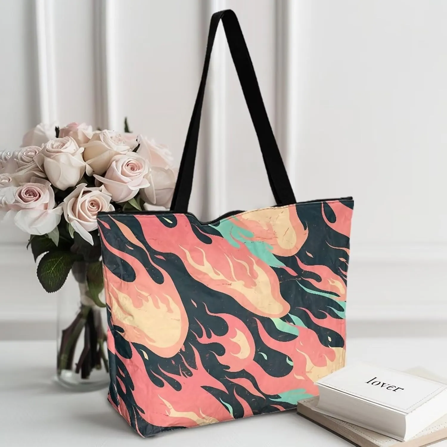 Tropical Flower 14 Inches Tote Paper Bag for Women, Boho Cat Shoulder Tote Bag Vivid Bird Commute Bag Paper Bags