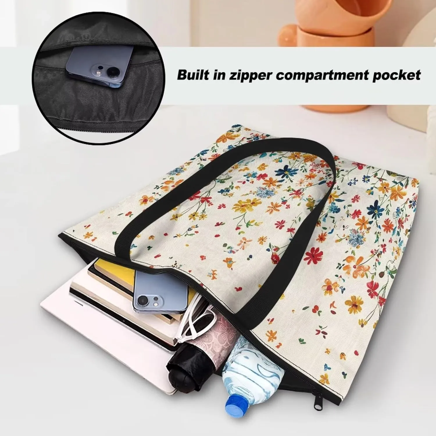 Tropical Flower 14 Inches Tote Paper Bag for Women, Boho Cat Shoulder Tote Bag Vivid Bird Commute Bag Paper Bags