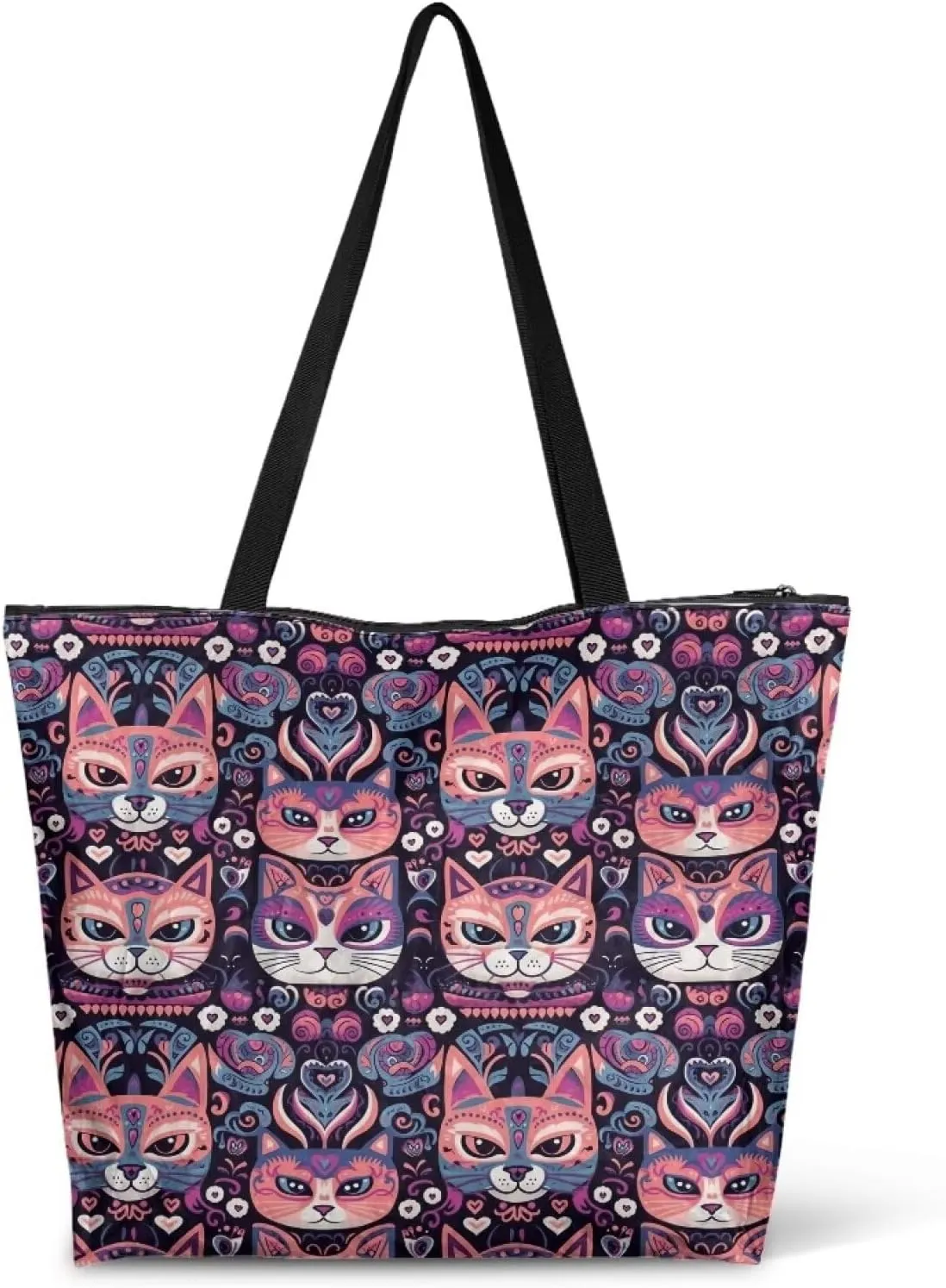 Tropical Flower 14 Inches Tote Paper Bag for Women, Boho Cat Shoulder Tote Bag Vivid Bird Commute Bag Paper Bags