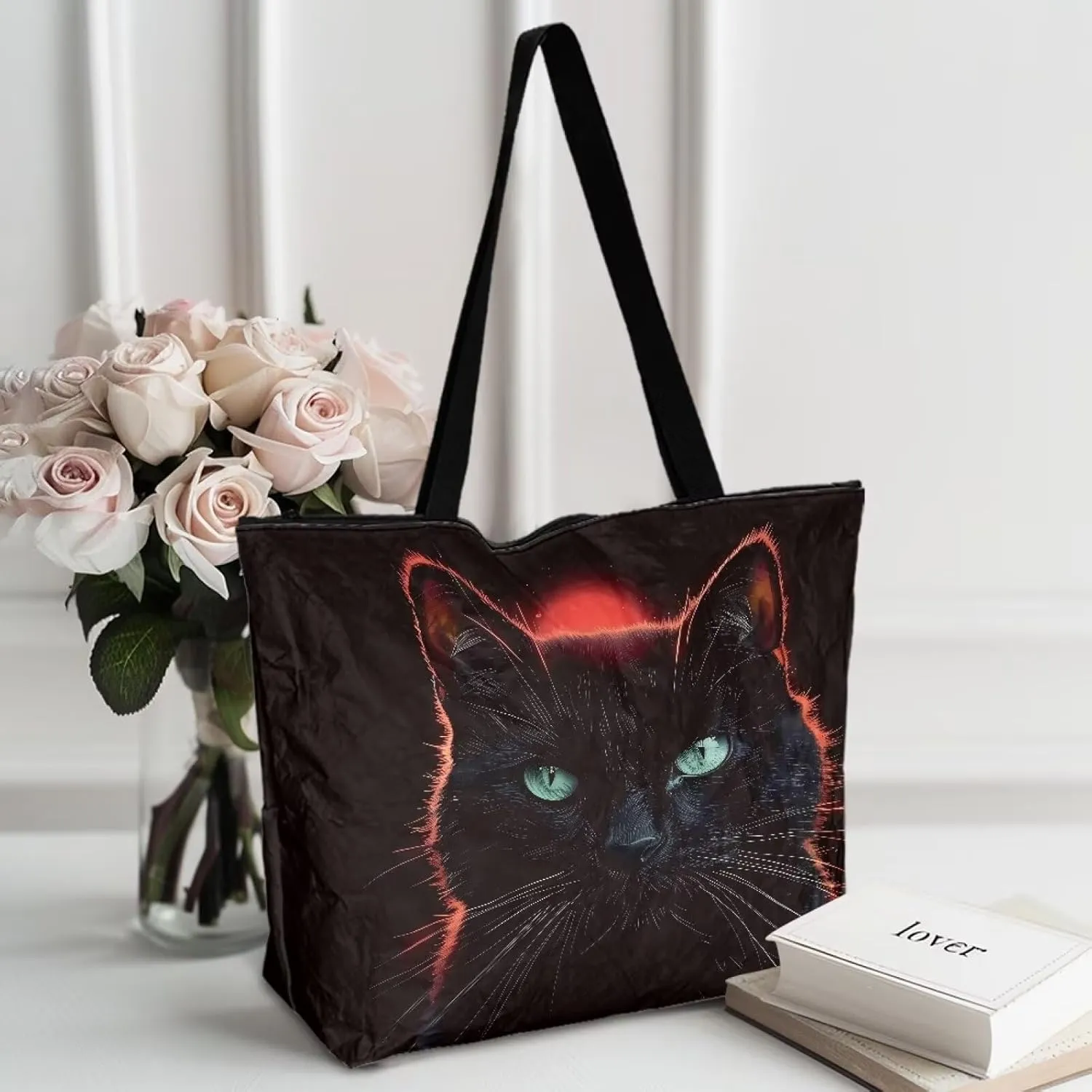 Tropical Flower 14 Inches Tote Paper Bag for Women, Boho Cat Shoulder Tote Bag Vivid Bird Commute Bag Paper Bags