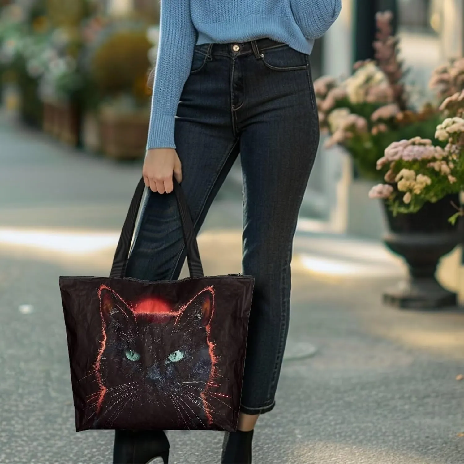 Tropical Flower 14 Inches Tote Paper Bag for Women, Boho Cat Shoulder Tote Bag Vivid Bird Commute Bag Paper Bags