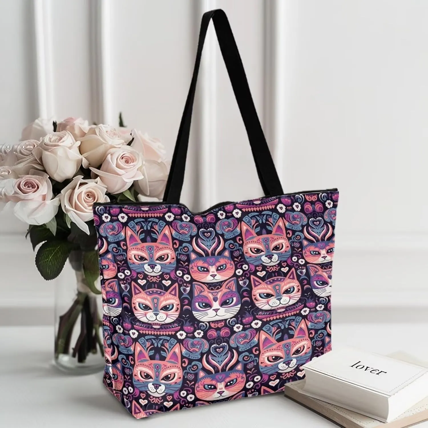 Tropical Flower 14 Inches Tote Paper Bag for Women, Boho Cat Shoulder Tote Bag Vivid Bird Commute Bag Paper Bags