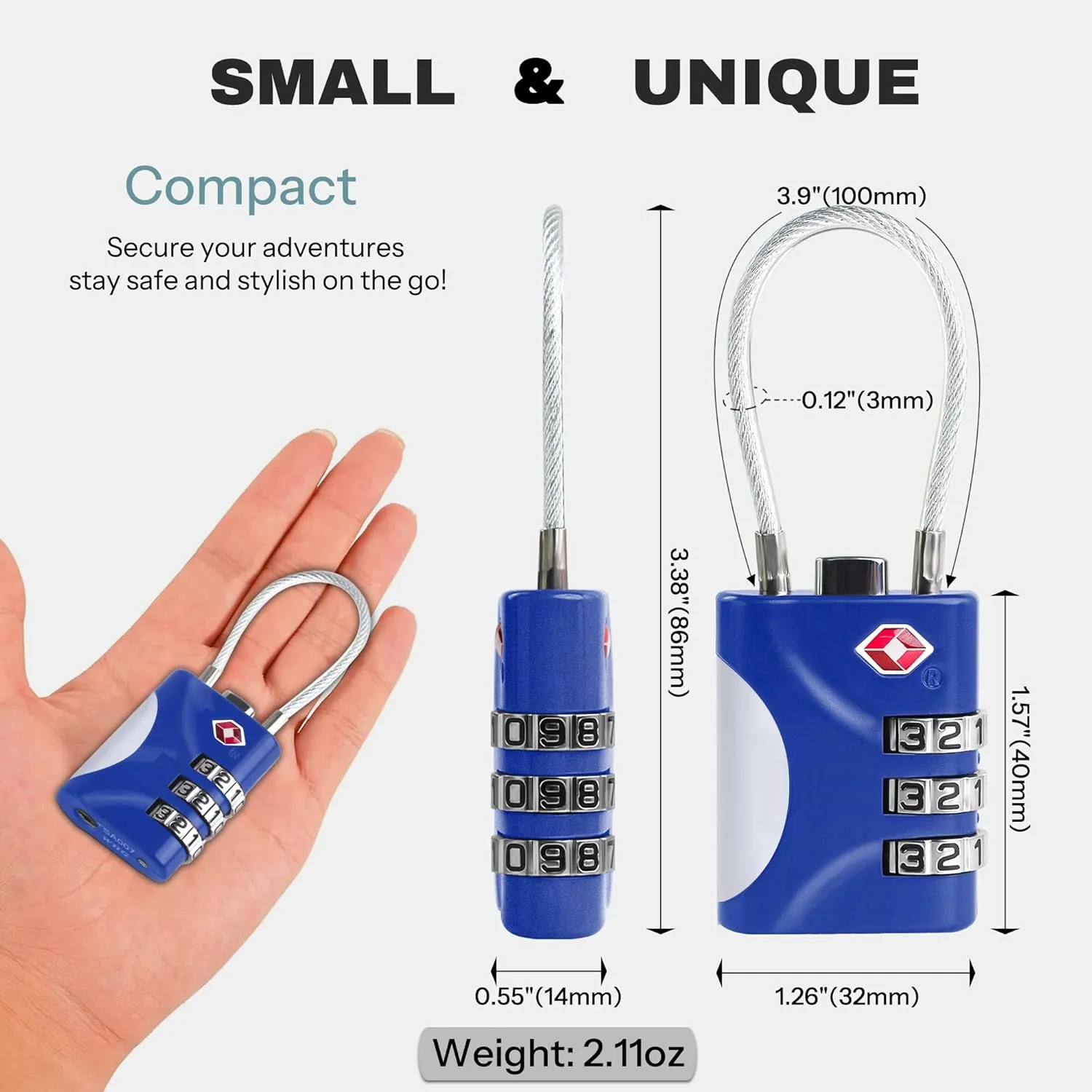 TSA Approved Locks for Luggage, Small Combo Lock with Code, Travel Padlock with Cable, TSA 007 Lock for Suitcase, Locker, Gym, Cabinet, Gun Case, Backpack, Zipper Locks for Travel (Blue)