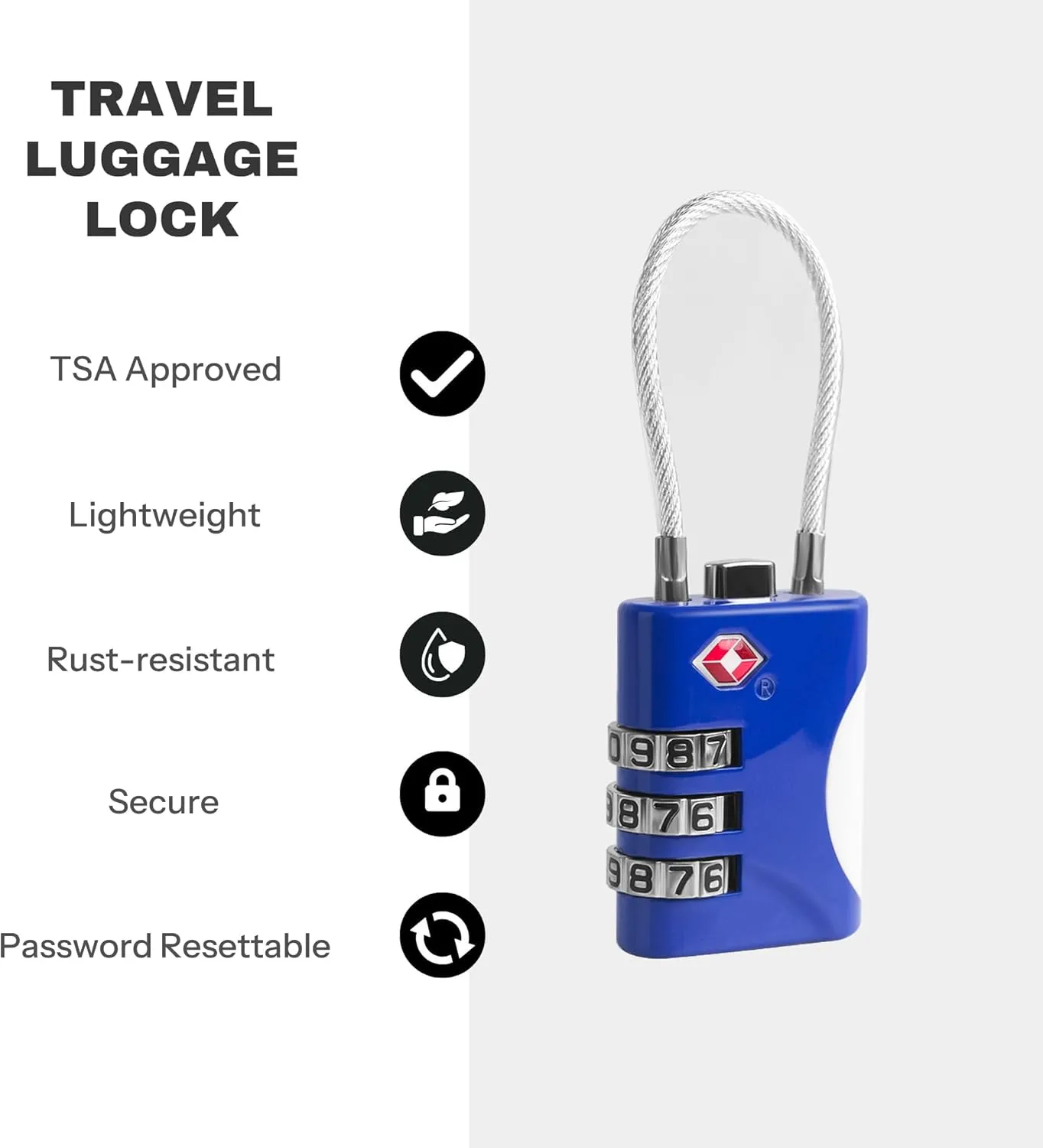 TSA Approved Locks for Luggage, Small Combo Lock with Code, Travel Padlock with Cable, TSA 007 Lock for Suitcase, Locker, Gym, Cabinet, Gun Case, Backpack, Zipper Locks for Travel (Blue)