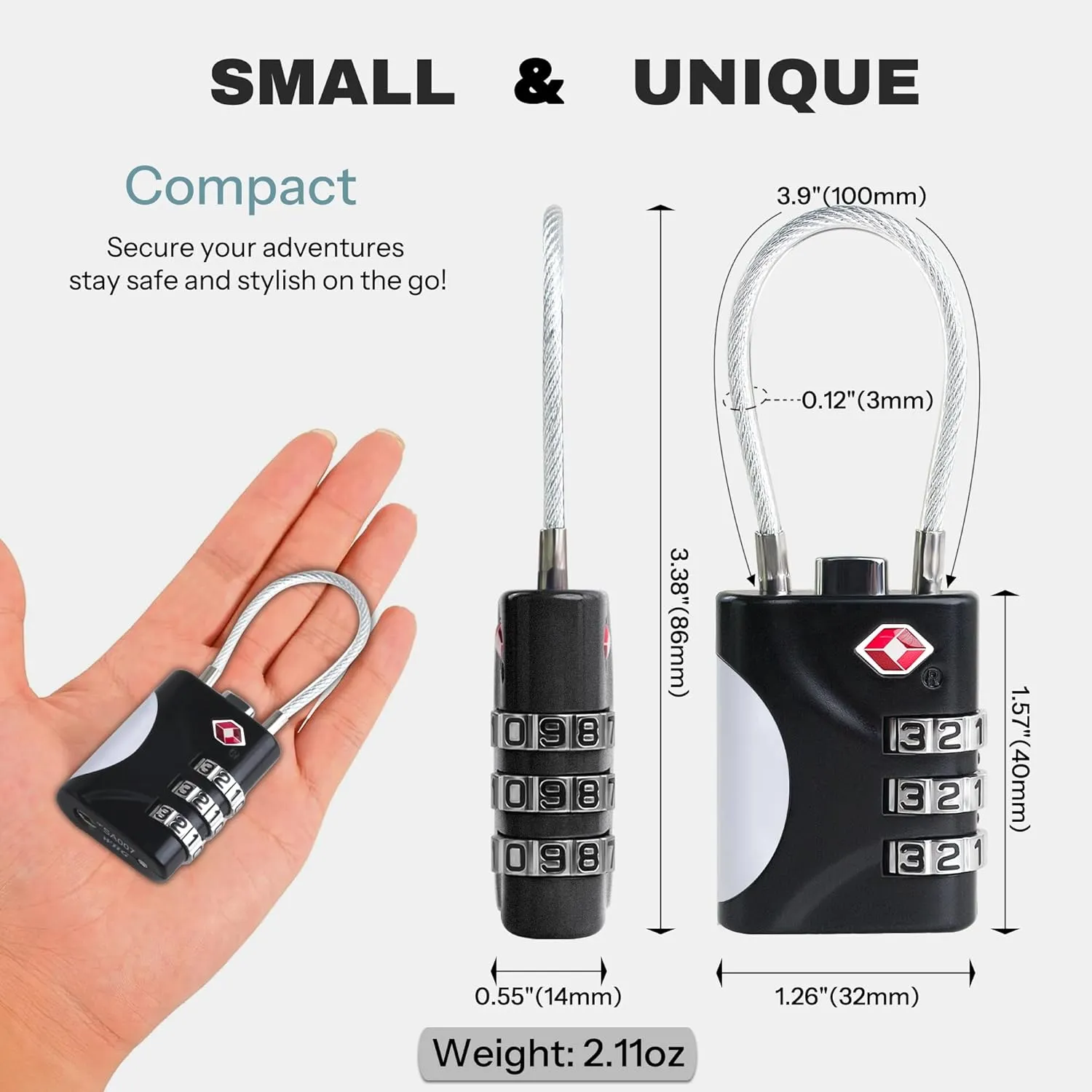 TSA Locks for Luggage, Small Combination Lock with Cable, Luggage Locks TSA Approved, Combo Lock for Suitcase, Cabinet, Gym Locker, Backpack, Small Padlock for Travel Essentials (Black)