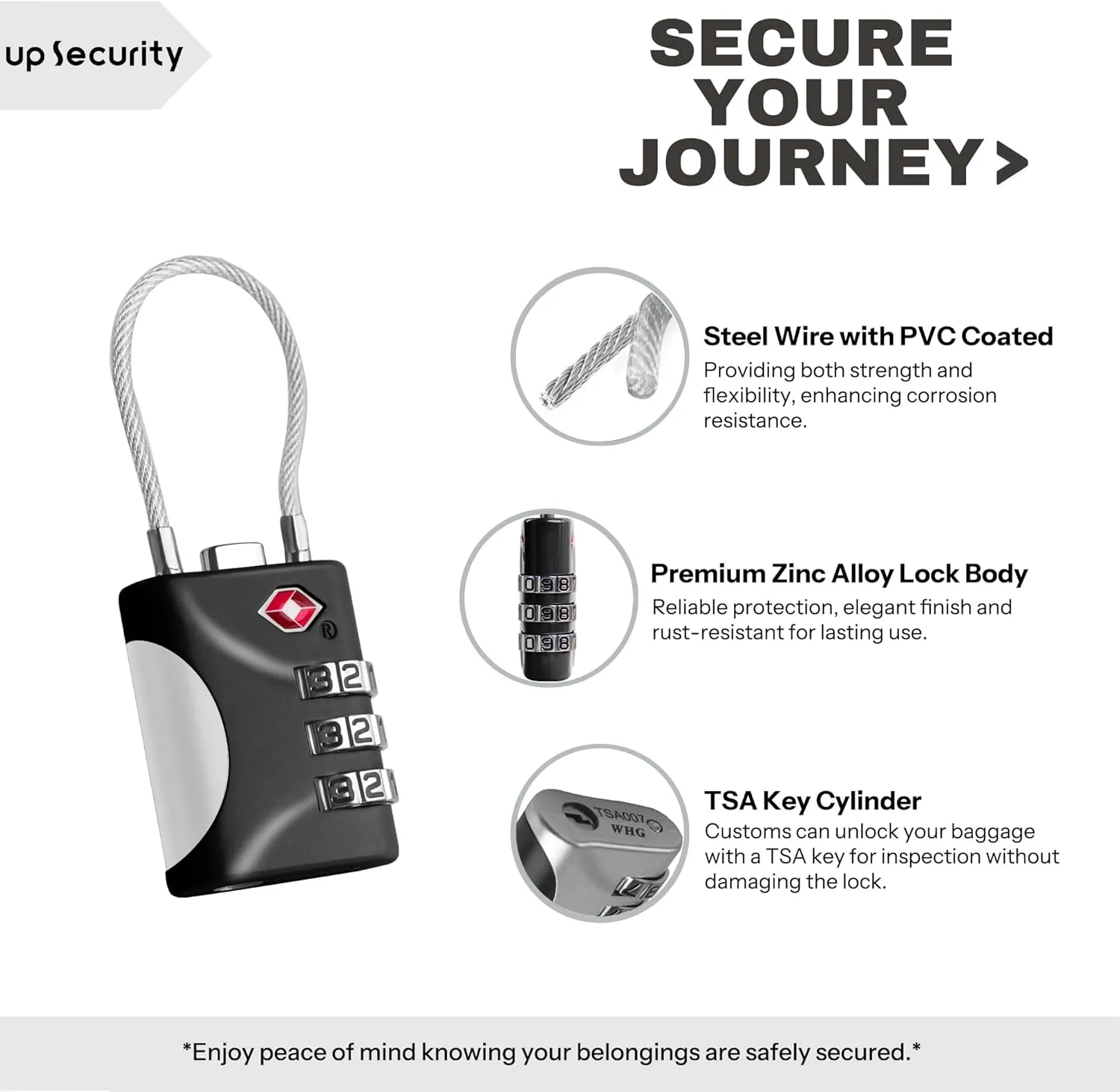 TSA Locks for Luggage, Small Combination Lock with Cable, Luggage Locks TSA Approved, Combo Lock for Suitcase, Cabinet, Gym Locker, Backpack, Small Padlock for Travel Essentials (Black)